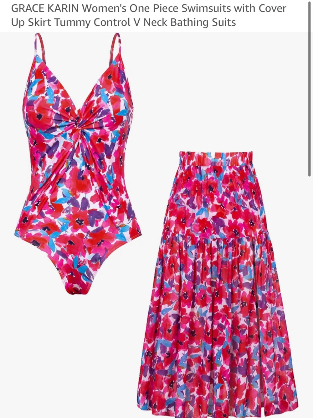 Grace Karin Pink, Blue & Purple Floral Twist V-Neck One-Piece with Skirt